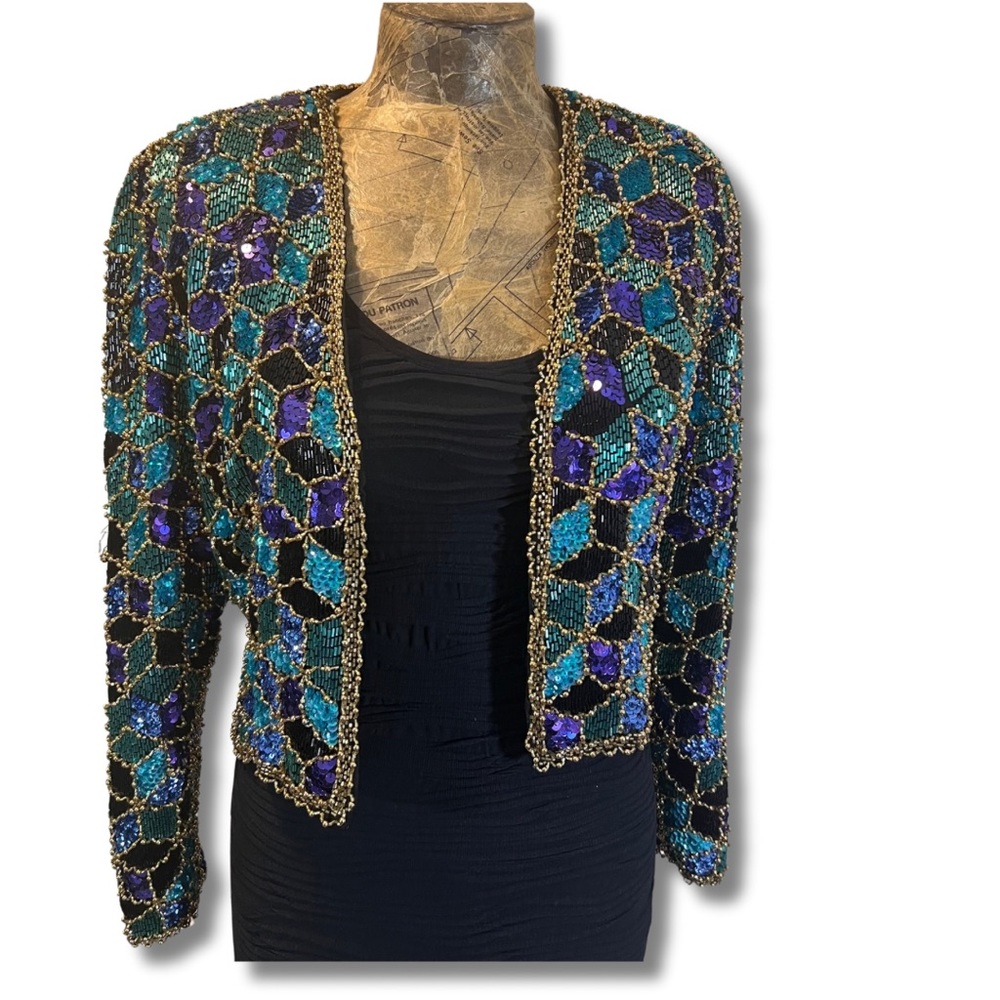 RARE Vintage Neiman Marcus BLACK TIE 100% Silk Sequin Beaded Jacket Blazer Heavy